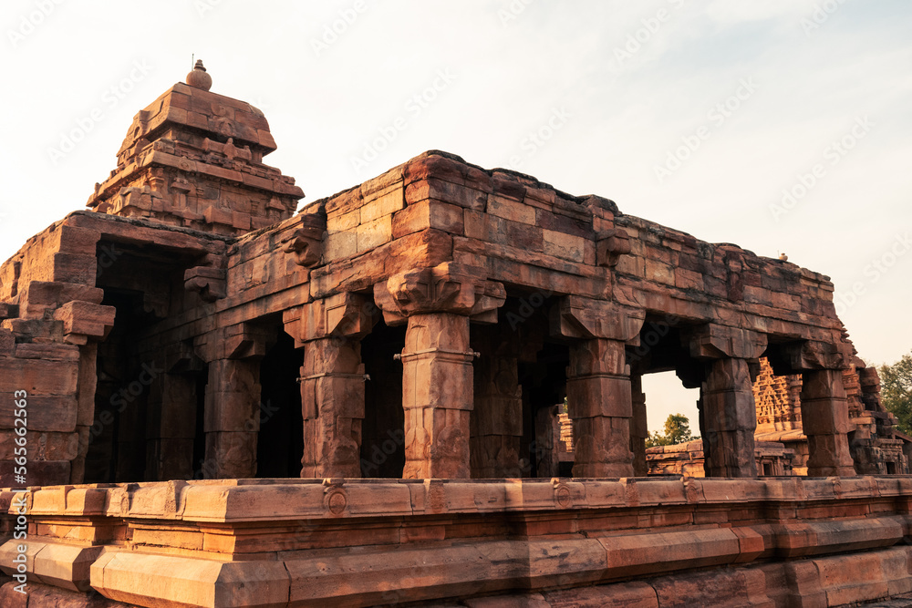 Ancient Sangameshwara temple with decorated pillars at Pattadakal heritage site,Karnataka,India.