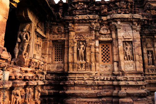 Ancient Indian temple architecture,carved idols on the walls of virupaksha temple,Pattadakal,Karnataka.