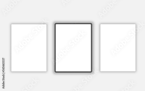 Modern tablet with blank white screen. Tablet mockup on minimal background. Modern tablet display mockup scene.