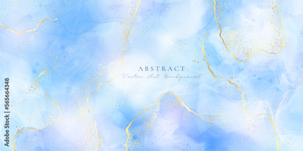 Violet cyan blue liquid watercolor background with golden stains. Teal mauve purple marble alcohol ink drawing effect. Vector illustration design template for wedding invitation, menu, rsvp