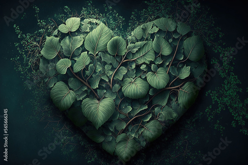 Green heart from green leaves composition on a wall. AI Generative