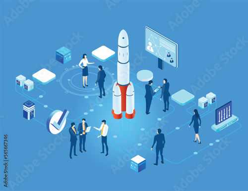 Isometric 3D business environment. Business business people working together  next to big rocket. Rocket ready to be launch. Technology, success, data protection and personal security infographic 