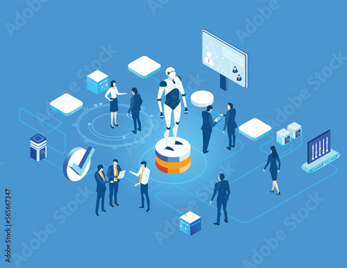 Isometric 3D business environment. Robots in server room. Technology, success, data protection and personal security infographic 
