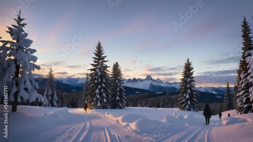 beautiful stunning landscape, snowy winter wonderland, distant breathtaking lands, quiet vacation spot in the snowy mountains © Ogrim