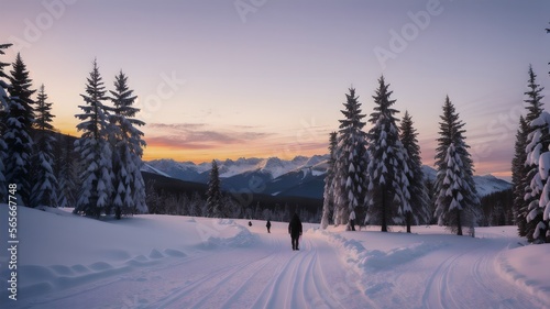 beautiful stunning landscape, snowy winter wonderland, distant breathtaking lands, quiet vacation spot in the snowy mountains