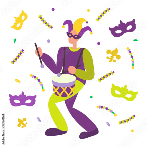 Mardi Gras masquerade man in jester hat with drum. Carnival masks and beads.