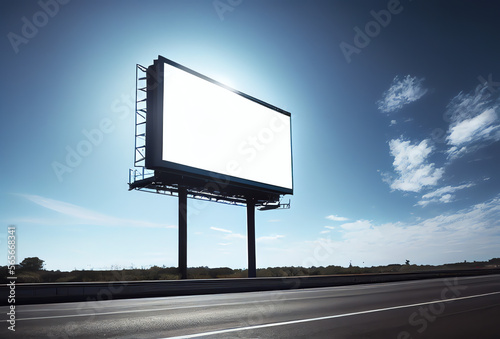 blank billboard on the road, clear sky with sun illuminating, space for copy, generative ai