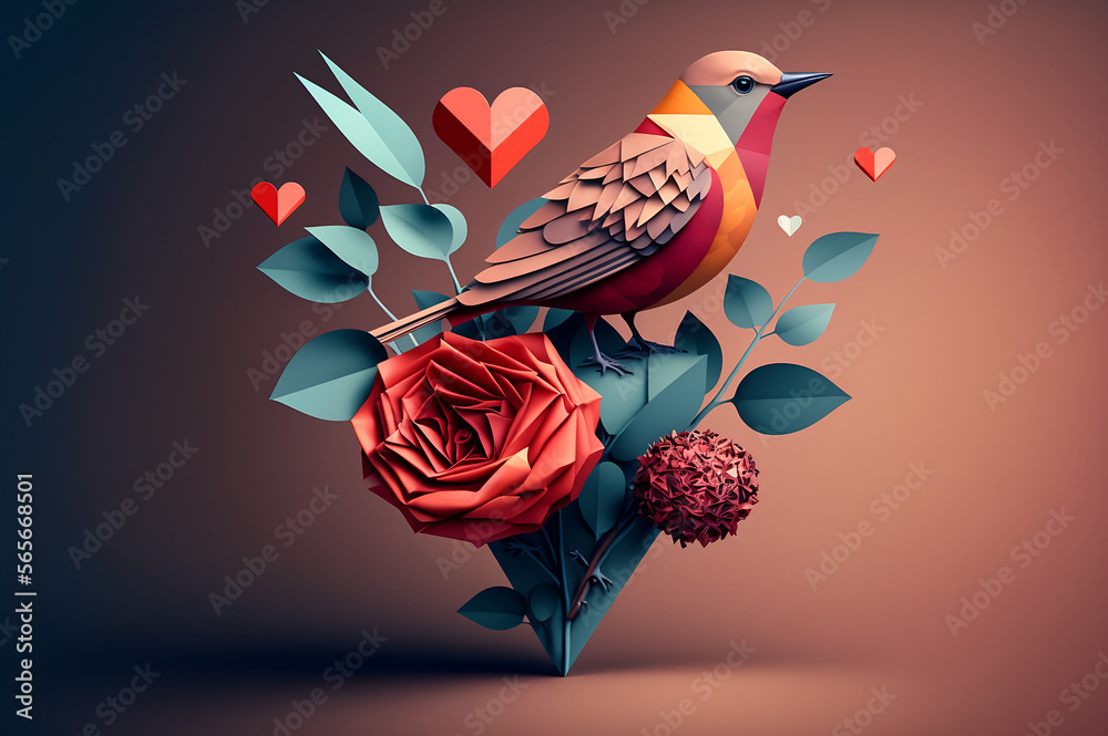 Red Rose and Love Bird - Valentines Day - Generative AI