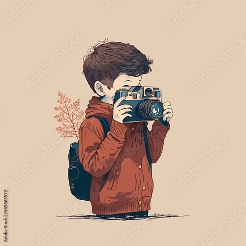 child with camera, curious, stylish