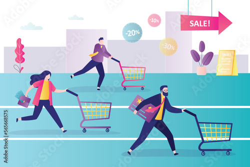 Group of happy people run for discounts and sale. Shopaholics, shopping addiction. Consumers with credit cards and empty shopping trolleys rush to the store or supermarket. Shopping time.