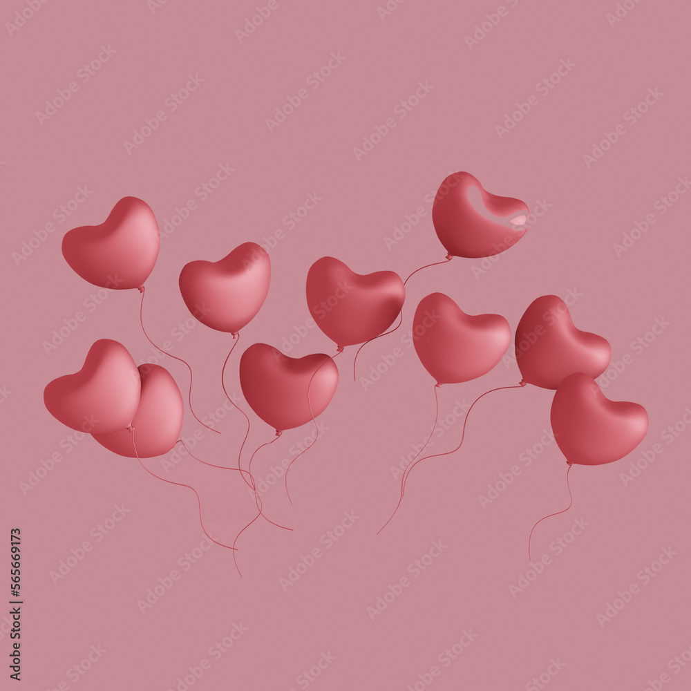 Icon with flying heart shape balloons. 3D render