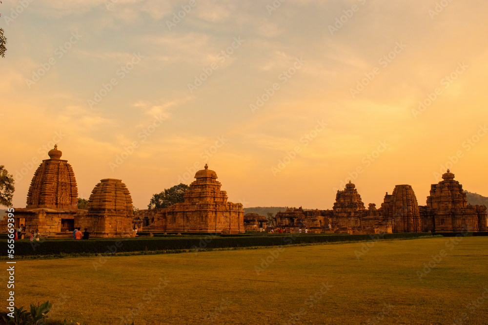 Group of ancient temples during sunset at Pattadakal ,Karnataka,India