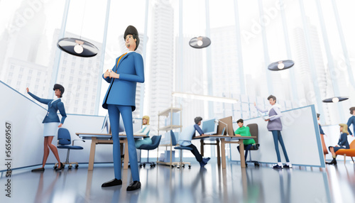 Businessman stands in the office and watching his team working. 3D rendering illustration