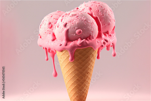 three balls of delicious strawberry ice cream in wafer cone, pink milk splash, generated arificial intelligence photo