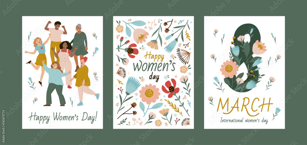 Set of vector illustrations for International Women's Day. Happy women and flower pattern colorful design. Collection of templates for cards, posters, banners