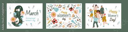 Set of vector illustrations for International Women's Day. Happy women and flower pattern colorful design. Collection of templates for cards, banners