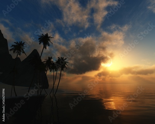 Fototapeta Naklejka Na Ścianę i Meble -  Beautiful sea landscape with an island with palm trees, a tropical island with palm trees in the middle of the ocean, 3d rendering