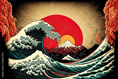 Canvas Print Wave hokusai on raising sun background in japanese style AI generated