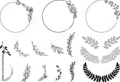 Set of hand drawn silhouette tree branches with laurel, oak and olive foliate. Vector illustration for your frame, border, ornament design, wreaths depicting an award, heraldry, nobility, emblem, logo