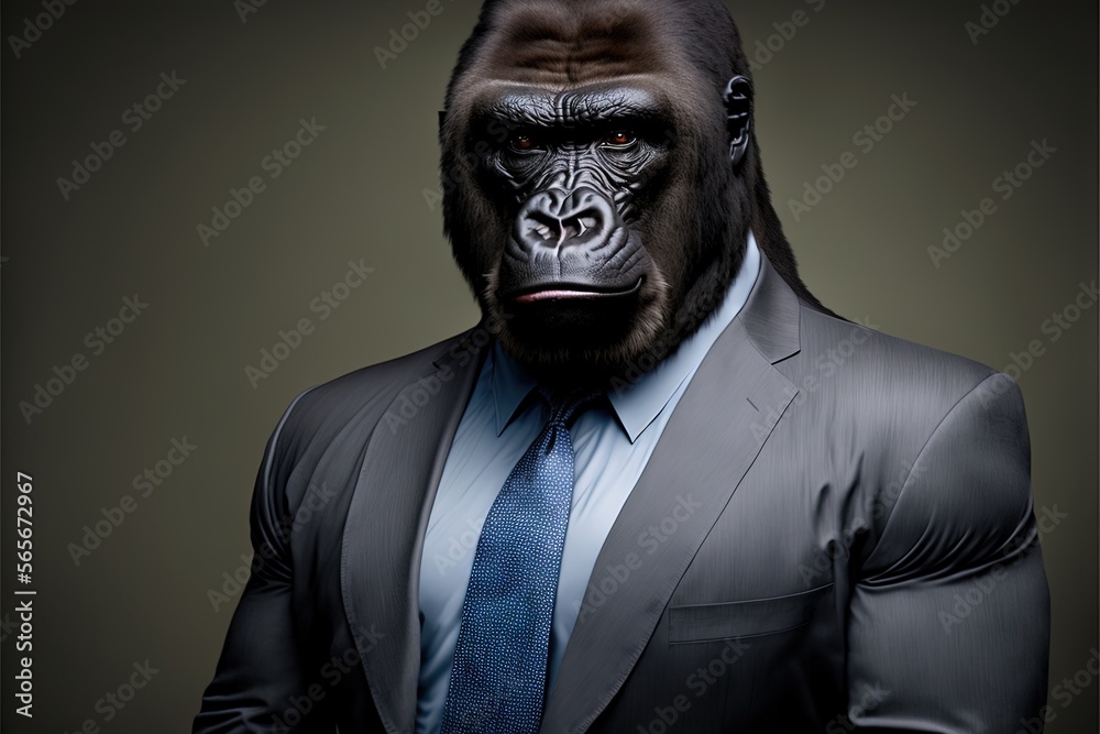 a gorilla in a suit and tie with a serious look on his face and shoulders