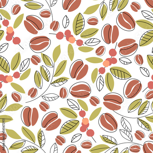 Seamless pattern with coffee beans and branches. Coffee cherries, leaves and beans on a white background. Hand drawn flat style. Vector illustration.