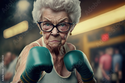 Tough old granny wearing boxing gloves , Generative AI illustration