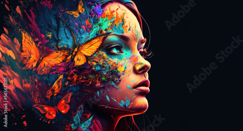 Beutiful surreal portrait of woman with painted butterflies. Generative AI illustration