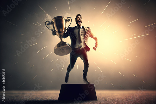 Super excited businessman holding huge gold trophy, Generative AI illustration