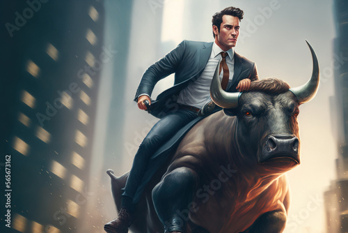 Businessman and trader riding the bull market concept, with man in suit riding a bull in middle of the city , GEnerative AI illustration