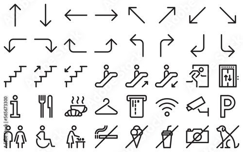 Wayfinding outline icon set. Arrows, staircase, exit, elevator, cafeteria, buffet, wardrobe, atm, wi-fi, cctv, parking, toilet line symbols. Prohibition pictograms in linear style. Vector graphics