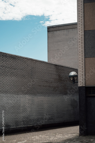 Horizontal shot of geometrically aligned concrete buildings