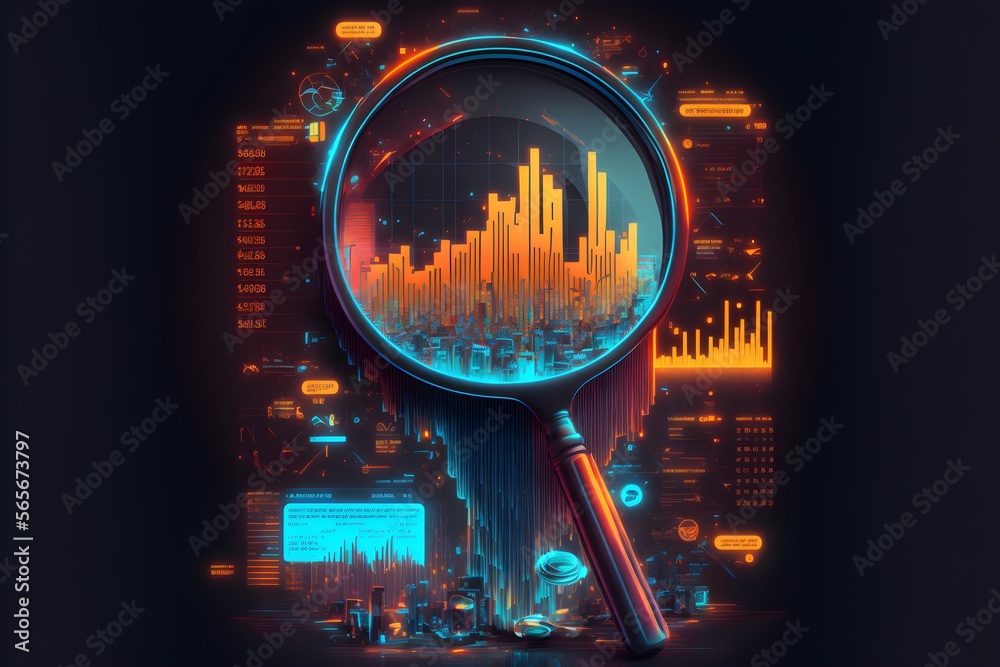 cyberpunk magnifying glass. neon style bar chart, pie chart and
