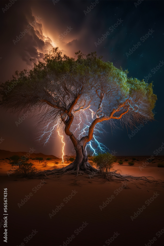 lightning strike behind a tree in the desert at night by generative AI