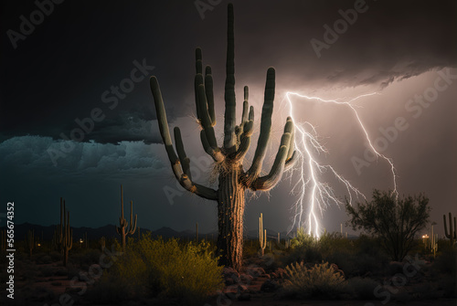 Lightning strike in the desert behind a saguaro cactus by generative AI photo