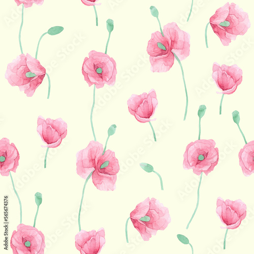Seamless pattern poppies. Pink flowers on a yellow background. Perfect for fabrics, paper, wallpaper. 