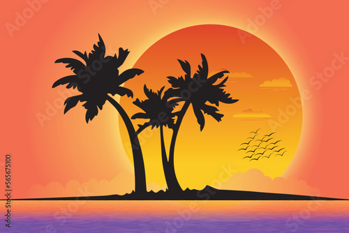 Sunset or sunrise landscape with lake  birds  clouds on red sky  palm or coconut trees on lake side 