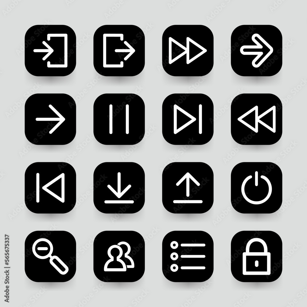 Media player icons collection. Video player button icons, Cinema icon, next, play, pause, back, search and more vector illustration Media player icons collection. Video player button icons, Cinema icon, next, play, pause, back, search and more vector illustration