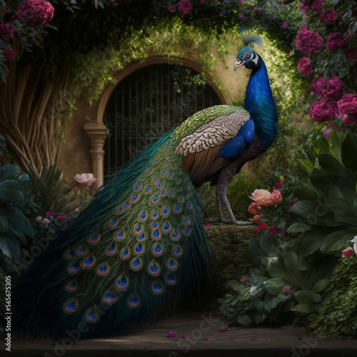 A picture of a beautiful peacock displaying its feathers in a lush green garden with a resolution of 32k and UHD. Generative I.A.