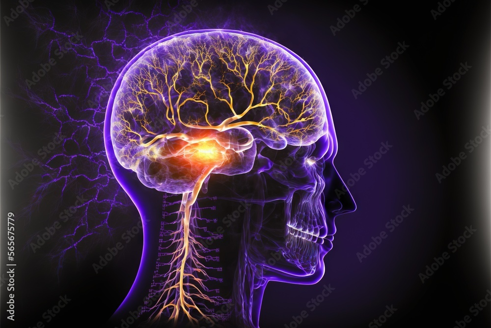 a human head with a highlighted brain and electrical nervous system