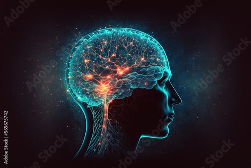 Papier peint a human head with a glowing brain and a glowing brain map in the middle of it's head, with a black background and a blue hued out area