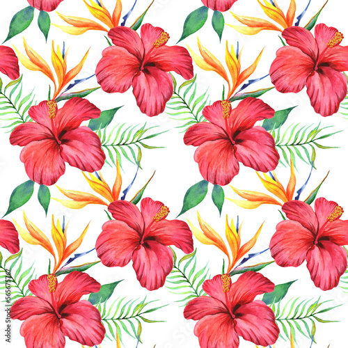  Watercolor tropical hibiscus flowers in a seamless pattern. Can be used as fabric  wallpaper  wrap.