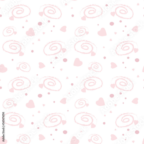 Valentine's day pValentine's day pattern with different pink shapes: hearts, circles, spirals on a transparent background. Objects have a texture.attern. Vector illustration