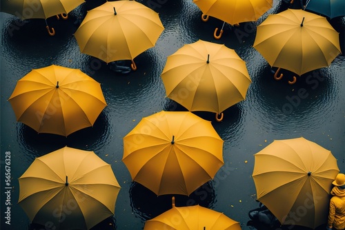  a group of people standing in the rain with umbrellas in the rain, looking down at them, with a person standing in the rain.  generative ai photo