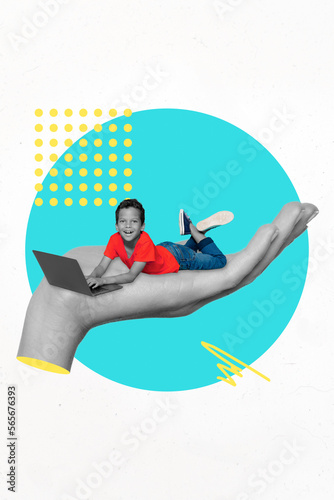 Vertical collage picture of black white gamma arm palm hold mini boy use netbook isolated on creative background