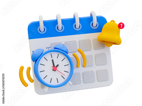 3d minimal time management concept. schedule notification. meeting reminder. Calendar with an alarm clock and bell icon. 3d illustration. photo