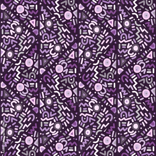 Creative shape mosaic seamless pattern ornament. Doodle style. Hand drawn difirent shapes wallpaper.
