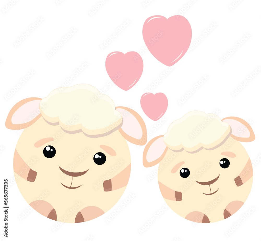 Two cute romantic sheep in love, and above them three pink hearts. valentine's day card Two cute romantic sheep in love, and above them three pink hearts. valentine's day card