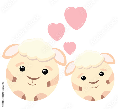 Two cute romantic sheep in love, and above them three pink hearts. valentine's day card