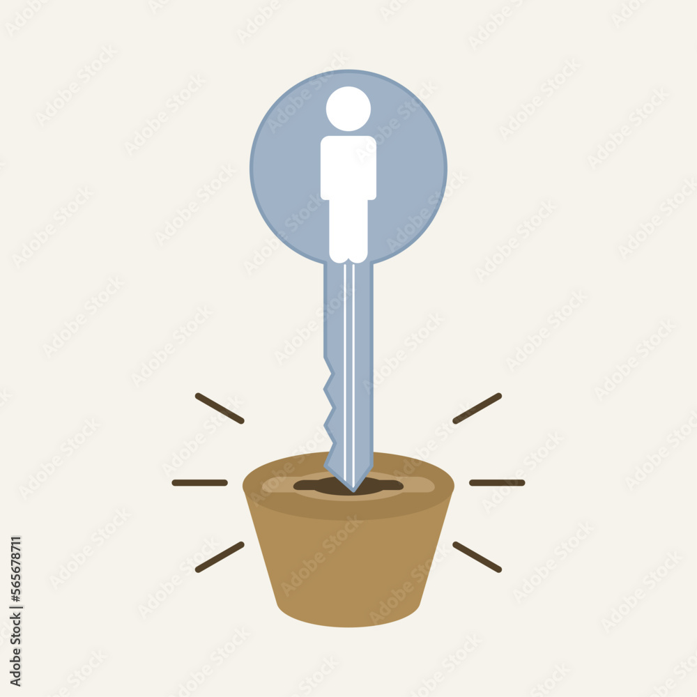 Key with human icon inserted to unlock is a metaphor for key person. Human resource and recruitment symbol. Vector illustration outline flat design style. Key with human icon inserted to unlock is a metaphor for key person. Human resource and recruitment symbol. Vector illustration outline flat design style.