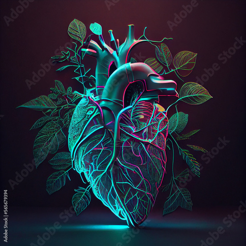 Anatomic Heart With Grown Leaves cyberpunk neon